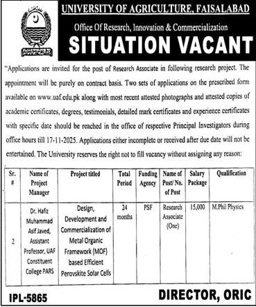 Jobs in University of Agriculture Faisalabad